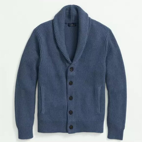 Brooks Brothers Ribbed Shawl Collar Cardigan Sweater Mens Size M Blue Button Up - Picture 1 of 8